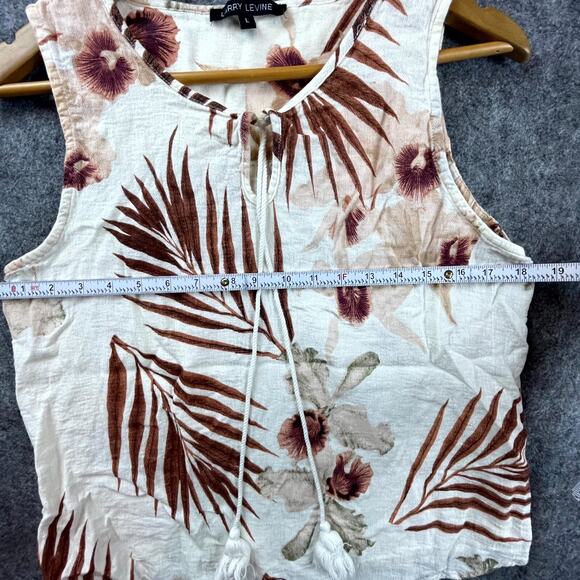 Larry Levine Blouse Womens Large Cream Brown Floral Linen Tassels Upscale Vacay - Picture 4 of 6
